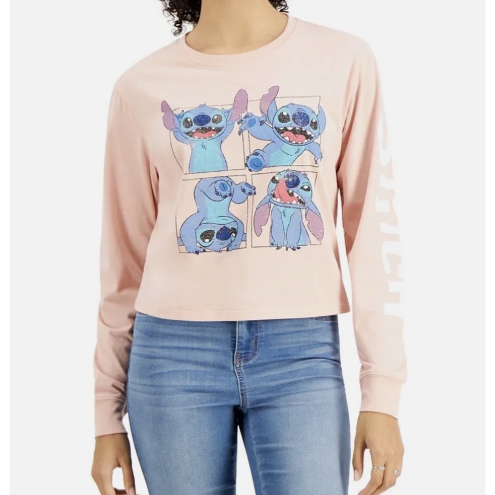 Disney Juniors' Stitch Long-Sleeve T-Shirt Misty Rose Relaxed Fit Size M